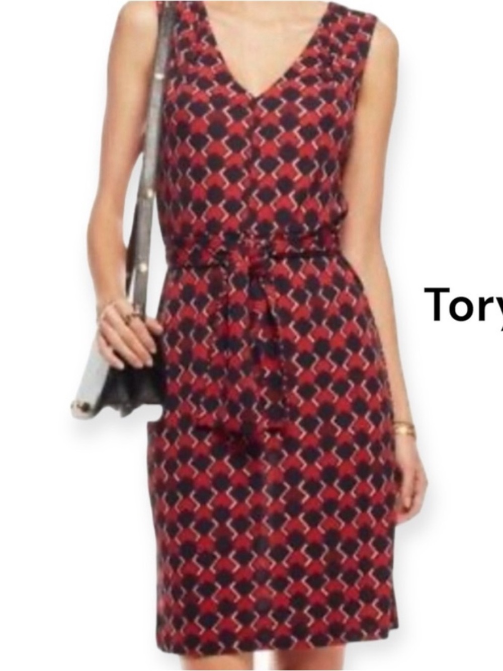 Tory Burch Red Navy Geometric Print Sleeveless Belted Tie Dress Wrap Monogram Sm